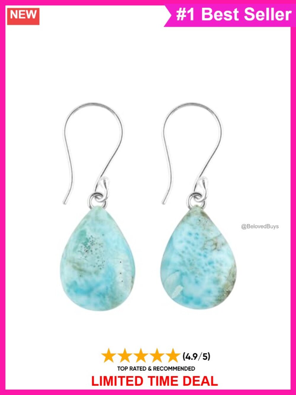 925 Sterling Silver Larimar Dangle Earrings Pear Cabochon Handmade